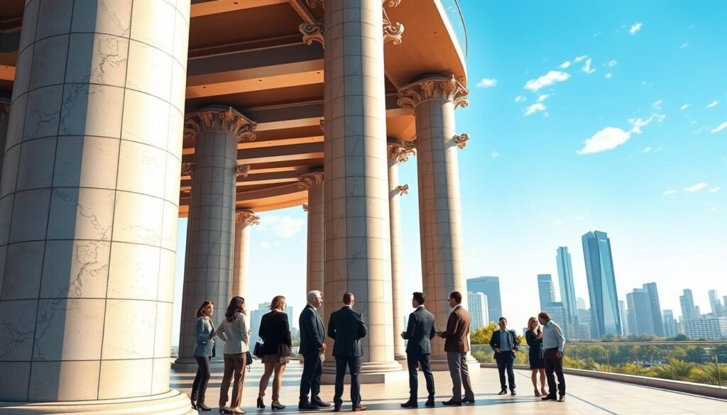 A detailed illustration of a “sistema de pilares” in a contemporary urban setting, showcasing a series of strong and elegant pillars supporting a modern building structure. In the foreground, a diverse group of professionals in business attire are engaged in discussion near the pillars, highlighting the collaborative spirit of the new system. In the middle ground, the pillars extend upwards, with intricate designs symbolizing stability and innovation. The background reveals a vibrant city skyline under a clear blue sky, with soft sunlight casting gentle shadows. Use a wide-angle perspective to emphasize the height and strength of the pillars, capturing a sense of progress and optimism. The atmosphere should be professional, dynamic, and inspiring, reflecting key changes in societal structure.