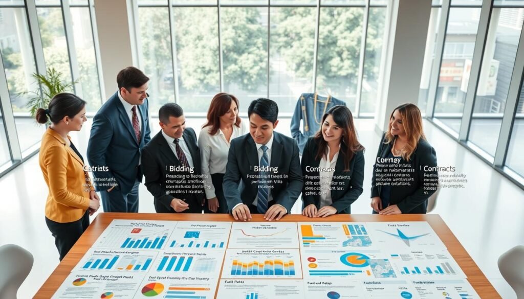 A detailed illustration of different types of public bidding processes in Colombia. Foreground features a professional setting with a diverse group of business people (men and women) in formal attire, engaging in a discussion. The middle ground showcases a large table filled with various documents and charts illustrating bidding types, contracts, and statistical data. The background includes a modern office environment with large windows, allowing natural light to flood the room, creating a bright and optimistic atmosphere. The camera angle is slightly elevated, capturing the teamwork and collaboration among the professionals, emphasizing a dynamic and focused mood.