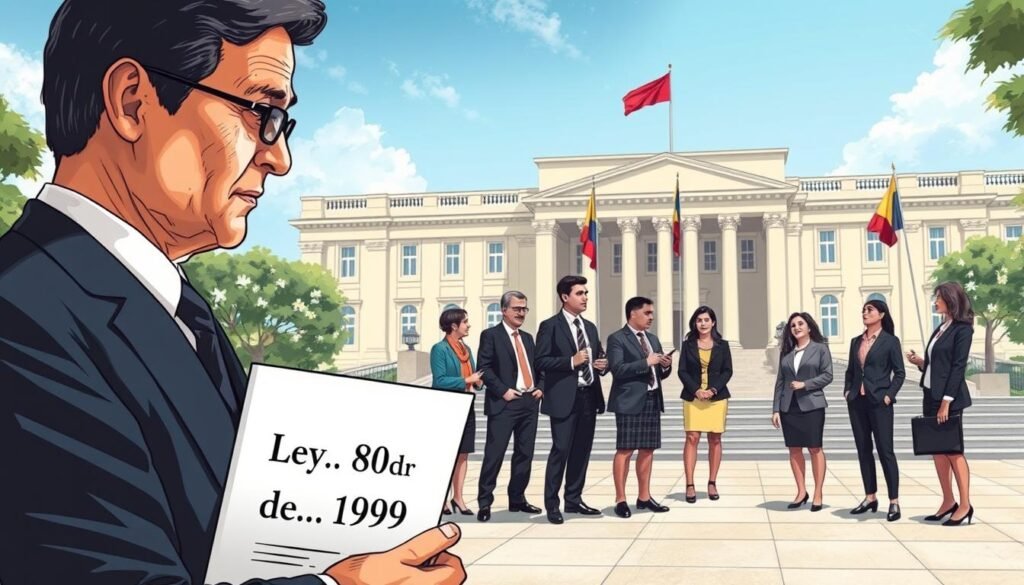 A detailed illustration of the Ley 80 de 1993, symbolizing public procurement in Colombia. In the foreground, a well-dressed Colombian government official, a middle-aged man in a dark suit, holds a document labeled "Ley 80 de 1993." In the middle ground, a diverse group of professionals in business attire discuss strategies, emphasizing collaboration and transparency. The background features an elegant government building with Colombian flags and a clear blue sky, symbolizing stability and authority. Soft natural lighting enhances a sense of professionalism and focus. The mood is serious yet hopeful, reflecting the importance of procurement regulations in fostering good governance and economic development. A detailed illustration of the Ley 80 de 1993, symbolizing public procurement in Colombia. In the foreground, a well-dressed Colombian government official, a middle-aged man in a dark suit, holds a document labeled "Ley 80 de 1993." In the middle ground, a diverse group of professionals in business attire discuss strategies, emphasizing collaboration and transparency. The background features an elegant government building with Colombian flags and a clear blue sky, symbolizing stability and authority. Soft natural lighting enhances a sense of professionalism and focus. The mood is serious yet hopeful, reflecting the importance of procurement regulations in fostering good governance and economic development.