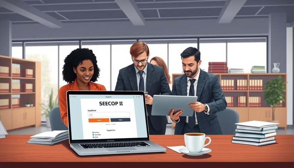 A detailed illustration of the SECOP II registration process in a professional setting. In the foreground, a modern desk with a laptop displaying the SECOP II interface, open documents, and a cup of coffee. The middle layer features a diverse group of three business professionals: one woman of Afro-Colombian descent and two men, one of Caucasian heritage and the other of Latin-American descent, collaborating over the laptop, dressed in smart business attire. The background shows a well-lit office space with a bookshelf filled with law books and compliance documents, large windows allowing natural light to flood in. The atmosphere is focused and collaborative, conveying a sense of professionalism and clarity in the procurement process.