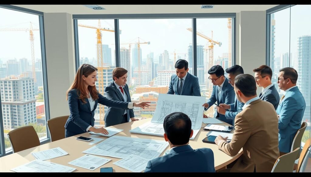 A detailed illustration of the construction bidding process in Colombia, showcasing a diverse group of professionals in business attire engaged in discussion around a large table covered with blueprints, contracts, and digital devices. In the foreground, a woman points at a blueprint while a man in a suit takes notes. The middle ground features a large window revealing a bustling construction site, symbolizing ongoing projects. The background consists of city buildings under construction, with cranes and workers. The lighting is bright and natural, highlighting the seriousness of the bidding process, creating a focused and collaborative atmosphere. Shot from a slightly elevated angle to capture the teamwork and planning involved. A detailed illustration of the construction bidding process in Colombia, showcasing a diverse group of professionals in business attire engaged in discussion around a large table covered with blueprints, contracts, and digital devices. In the foreground, a woman points at a blueprint while a man in a suit takes notes. The middle ground features a large window revealing a bustling construction site, symbolizing ongoing projects. The background consists of city buildings under construction, with cranes and workers. The lighting is bright and natural, highlighting the seriousness of the bidding process, creating a focused and collaborative atmosphere. Shot from a slightly elevated angle to capture the teamwork and planning involved.
