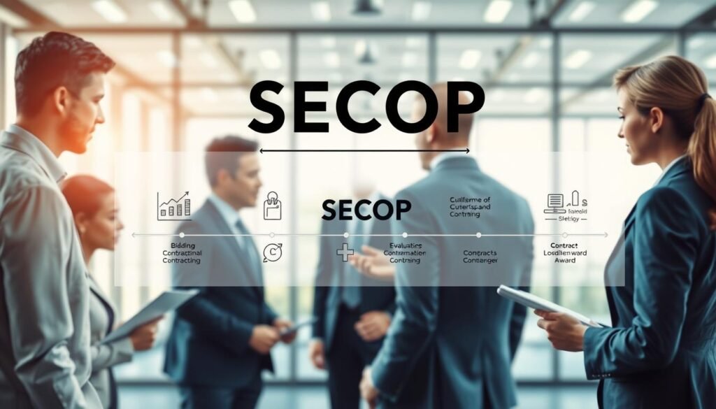 A detailed illustration of the public contracting stages, arranged in a visual hierarchy representing the phases of SECOP. In the foreground, a diverse group of professional individuals, including both men and women, dressed in formal business attire, are engaged in a discussion over documents and digital devices, symbolizing collaboration and transparency. In the middle ground, a clear flowchart outlines the key steps of public contracting, incorporating icons for bidding, evaluation, and contract award, all framed by graphs and timelines for a dynamic look. The background features a soft-focus view of a modern office environment with large windows letting in natural light, creating a bright and optimistic atmosphere. The mood is professional yet approachable, emphasizing clarity and understanding in public administration processes. The image should capture the essence of efficiency and organization within the realm of public contracting.