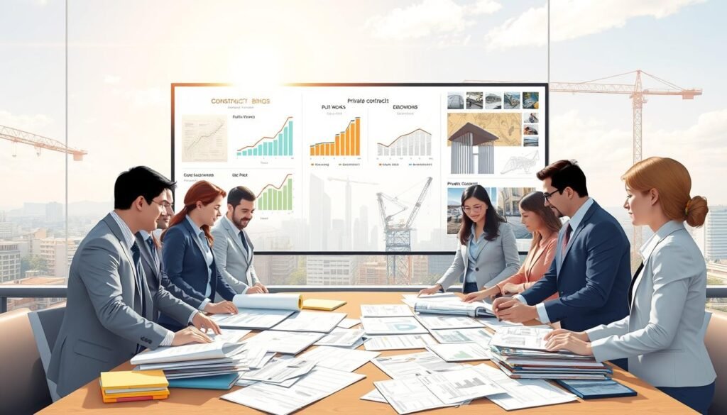A detailed illustration of various construction bidding processes in Colombia, highlighting different types of construction projects. In the foreground, a diverse group of professionals in business attire, including male and female figures, are discussing plans and documents around a table strewn with blueprints and proposals. The middle ground shows a large digital screen displaying graphs and project types, such as public works and private contracts, with images of construction sites and architectural sketches. The background features a city skyline under a bright, sunny sky, symbolizing opportunity. Soft, natural lighting creates an optimistic atmosphere, while a wide-angle lens captures the bustling energy of the scene, emphasizing collaboration and expertise in construction bidding.