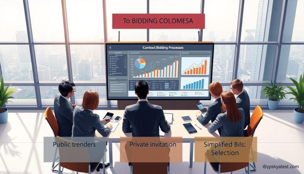 A detailed illustration representing the various types of bidding processes in Colombia, showcasing three distinct modalities: public tender, private invitation, and simplified selection. In the foreground, a diverse group of professionals in business attire is engaged in discussion around a modern table, reviewing documents and digital devices. The middle ground features a large digital screen displaying charts and graphs related to contract bids. The background depicts an office environment with cityscape views through large windows, illuminated by soft, natural light. The scene conveys a collaborative and professional atmosphere, emphasizing clarity and strategy in the selection of contractors. Use a slight overhead angle to capture the dynamics of the gathering.