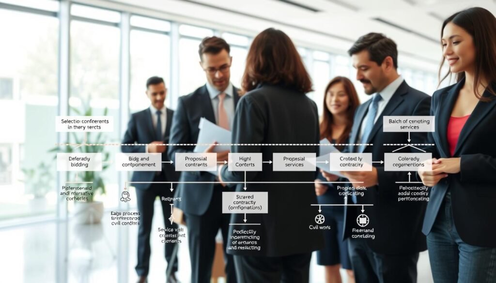 A detailed infographic showcasing various types of selection processes and contracts in Colombia for goods, services, and civil works. In the foreground, depict diverse professionals in business attire engaged in discussion, looking at documents and contracts. In the middle ground, illustrate a flowchart or diagram outlining different contracting processes including bidding, proposals, and adjudication stages, complemented by icons representing goods and services. The background features a modern office setting with large windows allowing natural light to filter in, creating a bright and optimistic atmosphere. Capture a sense of collaboration and professionalism, using a wide-angle lens to emphasize the interaction among the subjects while ensuring clarity in the flowchart. Aim for a polished, informative look that is aesthetically pleasing and engaging.