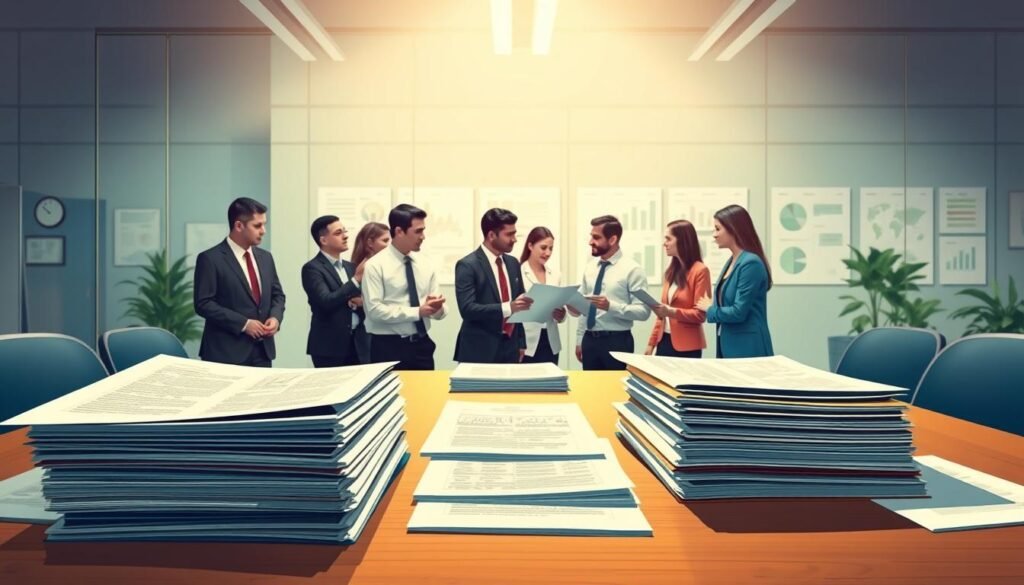 A detailed, informative illustration of the public bidding process in Colombia. In the foreground, display an organized table with layered documents and folders, symbolizing various stages of the bidding process. In the middle ground, showcase a diverse group of professionals in business attire engaged in discussions, reviewing plans and proposals. They represent stakeholders such as government officials, bidders, and consultants. The background should feature a modern office environment, indicating a professional atmosphere, with charts and graphs on the walls. The lighting is bright and focused, creating a sense of clarity and purpose. Capture a mood of collaboration and determination, emphasizing the systematic steps of public bidding in a clear, engaging manner. A detailed, informative illustration of the public bidding process in Colombia. In the foreground, display an organized table with layered documents and folders, symbolizing various stages of the bidding process. In the middle ground, showcase a diverse group of professionals in business attire engaged in discussions, reviewing plans and proposals. They represent stakeholders such as government officials, bidders, and consultants. The background should feature a modern office environment, indicating a professional atmosphere, with charts and graphs on the walls. The lighting is bright and focused, creating a sense of clarity and purpose. Capture a mood of collaboration and determination, emphasizing the systematic steps of public bidding in a clear, engaging manner.