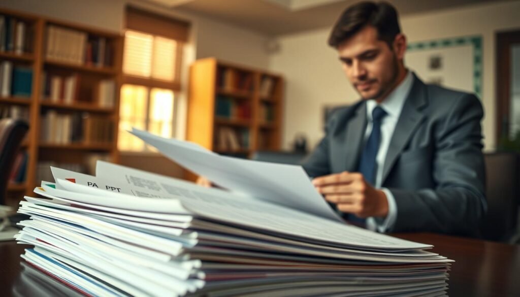 A detailed, informative scene depicting various "pliegos" related to public bidding processes in Colombia. In the foreground, a close-up of several colorful and neatly arranged documents labeled PCAP, PPT, and essential annexes, with pointed tabs for easy navigation. The middle ground features a professional individual dressed in business attire, actively studying the documents with a focused expression, highlighting the importance of understanding these materials. In the background, a softly blurred office environment with bookshelves and a desk, bathed in warm, natural light coming from a window, creating a serious yet encouraging atmosphere. The setting conveys a mood of concentration and professionalism, ensuring clarity and focus on the documents without any distractions.