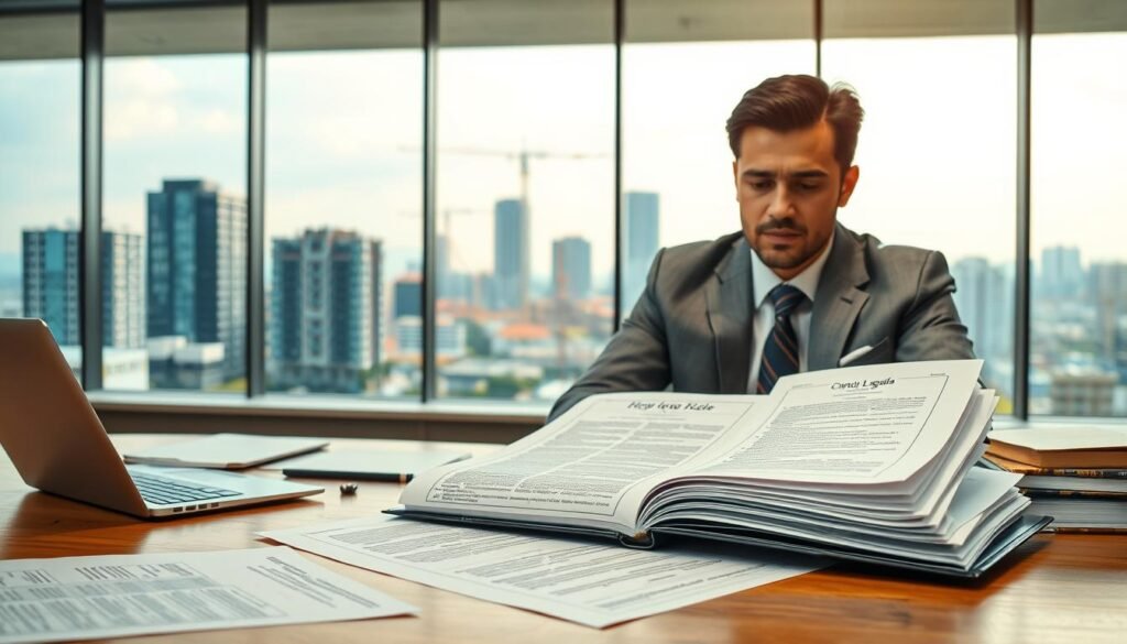 A detailed legal document spread open on a wooden conference table, surrounded by neatly organized papers and a laptop, symbolizing the framework of legal guidelines for government contracts in Colombia. In the foreground, a confident professional in a tailored business suit diligently reviews the documents, looking focused and determined. The middle ground features a cityscape with modern buildings and construction sites, emphasizing civil works. In the background, soft natural light filters through large windows, creating a bright and inspirational atmosphere. The composition captures a sense of teamwork and professionalism, reflecting the strategic planning involved in participating in public bids.
