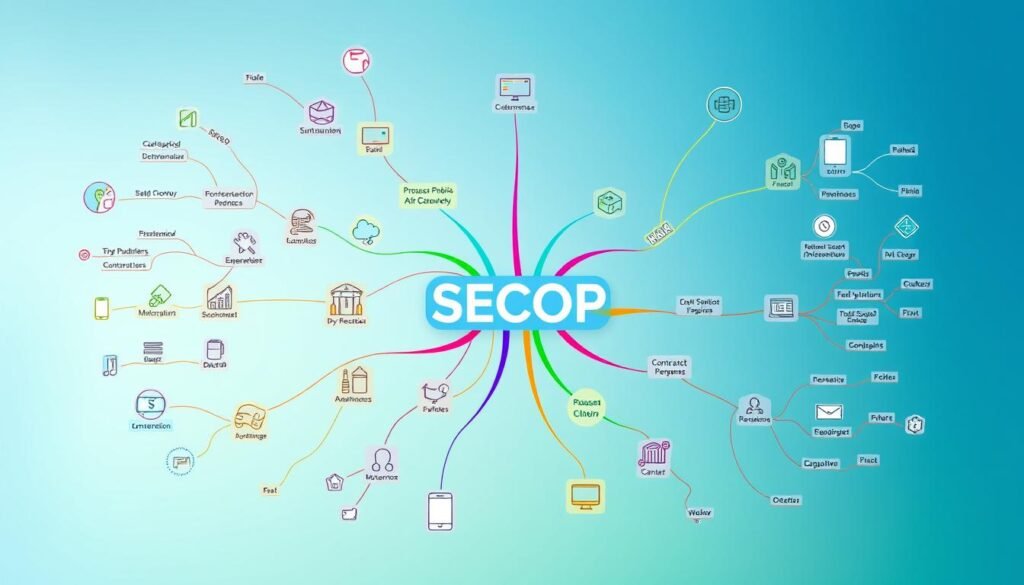 A detailed mind map illustrating the SECOP public contracting platform, vibrant colors and clear connections between concepts. In the foreground, abstract icons symbolizing key features of the platform such as proposal submission, bidding processes, and contract management, all interconnected by colored lines. The middle section should feature a swirling design of arrows that guide the viewer through the array of components, while the background softly fades from blue to green, creating a calm, professional atmosphere. Soft lighting enhances the colors, making them pop without being overpowering, evoking a sense of clarity and organization. The overall mood is educational and insightful, inviting beginners to explore the complexities of SECOP.