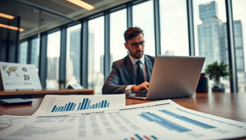 A detailed office desk featuring a neatly organized budget proposal document, prominently displayed in the foreground with clear charts and graphs illustrating budget allocations. In the middle ground, include a confident business professional wearing formal attire, intently reviewing financial figures on a laptop, showcasing focus and analytical thinking. In the background, depict a modern office environment with a large window revealing a cityscape, allowing natural light to flood the room, creating a productive atmosphere. The overall mood should be serious yet inspirational, emphasizing the importance of budget evaluation in decision-making. Use a slightly elevated camera angle to capture both the desk and the professional, highlighting their engaged expression.