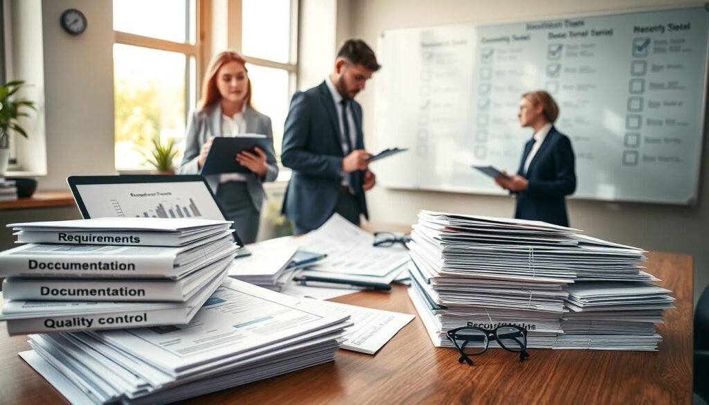 A detailed office scene focusing on a professional workspace dedicated to security bid preparation. In the foreground, a sleek wooden desk is cluttered with neatly stacked documents labeled "Requirements," "Documentation," and "Quality Control." A laptop with graphs and charts is open, and a pair of glasses rests beside it. The middle ground features a diverse group of three professionals in business attire: a confident woman presenting details on a tablet, a thoughtful man jotting notes, and another individual reviewing documents. In the background, a large whiteboard displays a checklist with ticked boxes, sunlight streaming through a window, creating a bright and motivating atmosphere. The overall mood conveys professionalism and diligence, emphasizing the importance of thorough preparation to avoid disqualifications in security tenders.