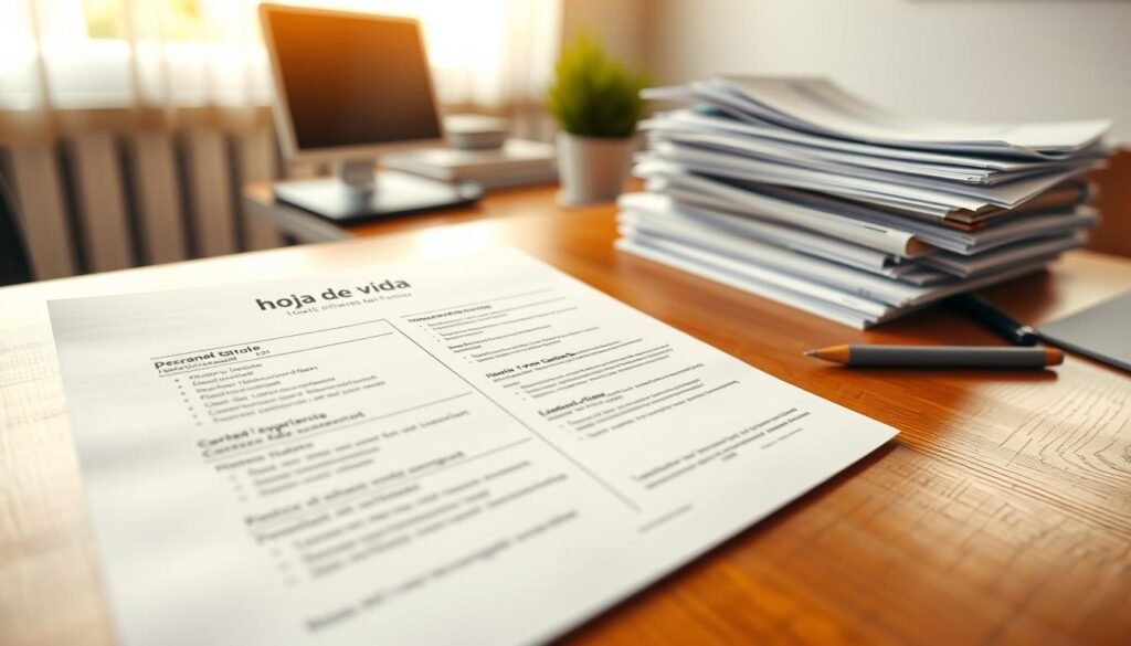A detailed, professional "hoja de vida" (resume) displayed on a wooden desk, conveying a sense of urgency and organization. The resume is neatly formatted, emphasizing sections like personal information, work experience, and education, with clear headings. In the background, a soft-focus office environment with a computer and a stack of paperwork suggests an active job search atmosphere. Warm, natural lighting from a nearby window enhances the mood, creating a welcoming yet serious ambiance. The angle is slightly overhead, capturing both the resume and the workspace surrounding it. This composition evokes a sense of diligence and professionalism, reflecting the serious nature of job applications and the pursuit of employment certifications.