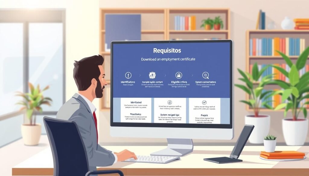 A detailed, realistic illustration of a computer screen displaying a user-friendly webpage titled "Requisitos" for downloading an employment certificate. In the foreground, a professional individual in business attire is sitting at a modern office desk, intently focusing on the screen. The middle ground showcases the computer interface, highlighting clear sections for requirements such as identification, eligibility criteria, and system navigation tips, all represented with intuitive icons and friendly design elements. The background features a softly lit office environment, with potted plants and shelves of books, creating a warm, inviting atmosphere. The lighting should be bright but soft, emphasizing a productive workspace. The overall mood is encouraging and informative, ideal for someone preparing to navigate the online certificate download process. A detailed, realistic illustration of a computer screen displaying a user-friendly webpage titled "Requisitos" for downloading an employment certificate. In the foreground, a professional individual in business attire is sitting at a modern office desk, intently focusing on the screen. The middle ground showcases the computer interface, highlighting clear sections for requirements such as identification, eligibility criteria, and system navigation tips, all represented with intuitive icons and friendly design elements. The background features a softly lit office environment, with potted plants and shelves of books, creating a warm, inviting atmosphere. The lighting should be bright but soft, emphasizing a productive workspace. The overall mood is encouraging and informative, ideal for someone preparing to navigate the online certificate download process.