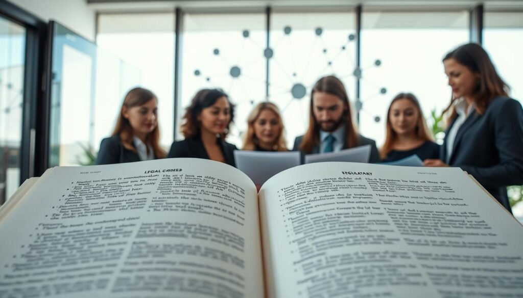 A detailed regulatory framework represented visually. In the foreground, an open book with well-organized pages outlining legal codes and guidelines, featuring clean typography. The middle ground showcases a diverse group of professionals in business attire, reviewing documents collaboratively, with expressions of concentration and engagement. The background consists of modern office elements such as glass panels and abstract art symbolizing technology. Soft, natural lighting filters through large windows, creating a bright and positive atmosphere. The image captures a sense of professionalism, innovation, and compliance, emphasizing the relationships between technology and regulatory requirements. The perspective is slightly angled, offering depth to the composition without clutter. A detailed regulatory framework represented visually. In the foreground, an open book with well-organized pages outlining legal codes and guidelines, featuring clean typography. The middle ground showcases a diverse group of professionals in business attire, reviewing documents collaboratively, with expressions of concentration and engagement. The background consists of modern office elements such as glass panels and abstract art symbolizing technology. Soft, natural lighting filters through large windows, creating a bright and positive atmosphere. The image captures a sense of professionalism, innovation, and compliance, emphasizing the relationships between technology and regulatory requirements. The perspective is slightly angled, offering depth to the composition without clutter.