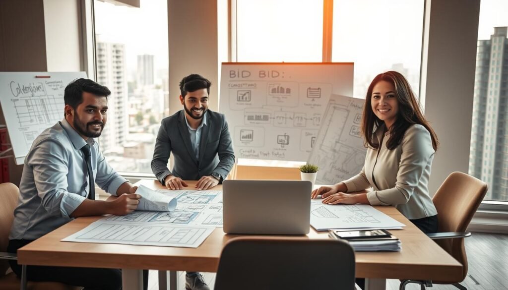 A detailed scene depicting a construction bid preparation process in a modern office environment. In the foreground, a diverse group of three professionals in business attire—two men and one woman—collaborates around a large table, spread with blueprints, documents, and a laptop. Their expressions convey focus and determination. The middle ground features a whiteboard filled with diagrams and strategies related to construction bids. In the background, large windows allow natural light to flood the room, with urban cityscape visible outside, symbolizing the construction opportunities in Colombia. The ambiance is bright and motivating, with a sense of teamwork and professionalism enhanced by warm, soft lighting. Capture the essence of collaboration and preparation, avoiding distractions or clutter in the scene.