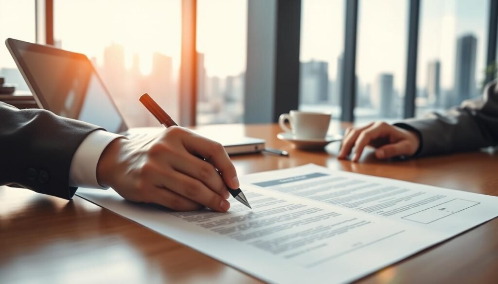 A detailed scene depicting a formal business contract spread out on a polished wooden desk in a bright, modern office setting. In the foreground, a pair of hands (clad in professional business attire) are poised over the contract, highlighting key sections with a pen. The middle ground features a laptop and a cup of coffee, suggesting ongoing discussions. In the background, large windows reveal a city skyline, bathed in soft, warm sunlight that creates an inviting atmosphere. The focus should be sharp on the contract, with a slight bokeh effect on the background for depth. The overall mood is serious yet optimistic, emphasizing professionalism and the importance of legal agreements in business. A detailed scene depicting a formal business contract spread out on a polished wooden desk in a bright, modern office setting. In the foreground, a pair of hands (clad in professional business attire) are poised over the contract, highlighting key sections with a pen. The middle ground features a laptop and a cup of coffee, suggesting ongoing discussions. In the background, large windows reveal a city skyline, bathed in soft, warm sunlight that creates an inviting atmosphere. The focus should be sharp on the contract, with a slight bokeh effect on the background for depth. The overall mood is serious yet optimistic, emphasizing professionalism and the importance of legal agreements in business.