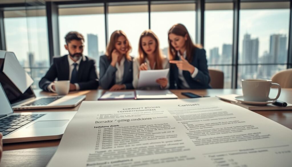 A detailed scene depicting a professional workspace focusing on the theme of contract monitoring in a digital bidding process. In the foreground, a close-up of a hands-on desk with an opened "borrador pliego condiciones," showing typed text and tables, surrounded by a laptop, a cup of coffee, and a notepad with scribbled notes. The middle ground features a diverse group of three professionals in business attire, thoughtfully engaging in discussion, pointing at the document, and taking notes. The background reveals a large window with a city skyline, suggesting a corporate environment, illuminated by natural daylight casting soft shadows. The atmosphere is serious yet collaborative, emphasizing diligence and attention to detail in the procurement process. A detailed scene depicting a professional workspace focusing on the theme of contract monitoring in a digital bidding process. In the foreground, a close-up of a hands-on desk with an opened "borrador pliego condiciones," showing typed text and tables, surrounded by a laptop, a cup of coffee, and a notepad with scribbled notes. The middle ground features a diverse group of three professionals in business attire, thoughtfully engaging in discussion, pointing at the document, and taking notes. The background reveals a large window with a city skyline, suggesting a corporate environment, illuminated by natural daylight casting soft shadows. The atmosphere is serious yet collaborative, emphasizing diligence and attention to detail in the procurement process.
