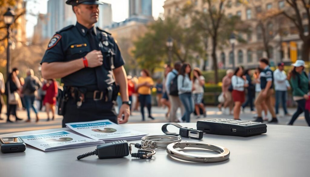 A detailed scene depicting various policing tools used in urban settings, showcasing a blend of authority and community engagement. In the foreground, illustrate a police officer in a crisp uniform, interacting with citizens in a bustling city park, emphasizing a sense of cooperation. The middle layer includes essential policing equipment such as radios, handcuffs, and community safety pamphlets laid out on a table, symbolizing proactive measures. The background features a cityscape with a diverse group of people engaging in their daily activities under bright, soft lighting, suggesting a safe and friendly environment. Capture a hopeful atmosphere, utilizing a slightly elevated angle to encompass the interaction between law enforcement and the public, focusing on unity and safety. A detailed scene depicting various policing tools used in urban settings, showcasing a blend of authority and community engagement. In the foreground, illustrate a police officer in a crisp uniform, interacting with citizens in a bustling city park, emphasizing a sense of cooperation. The middle layer includes essential policing equipment such as radios, handcuffs, and community safety pamphlets laid out on a table, symbolizing proactive measures. The background features a cityscape with a diverse group of people engaging in their daily activities under bright, soft lighting, suggesting a safe and friendly environment. Capture a hopeful atmosphere, utilizing a slightly elevated angle to encompass the interaction between law enforcement and the public, focusing on unity and safety.