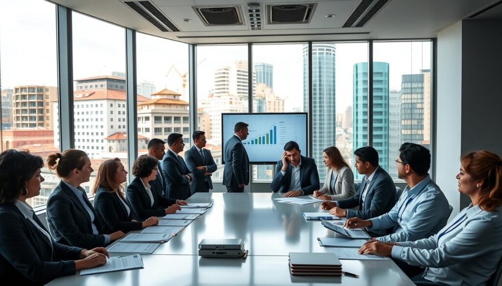A detailed view of the Secional Administration of Judicial Processes in Cartagena, Colombia, showcasing a modern, professional office environment. In the foreground, a diverse group of professionals in business attire gather around a large conference table, discussing documents and digital tablets. In the middle ground, large windows allow natural light to flood the room, illuminating charts and graphs displayed on a smartboard. In the background, vibrant urban views of Cartagena can be seen, blending tradition and modernity. The atmosphere is collaborative and focused, with a hint of urgency as staff members engage in meaningful dialogue. The image should convey a sense of professionalism and efficiency, highlighting the importance of judicial administration in the context of SECOP II.