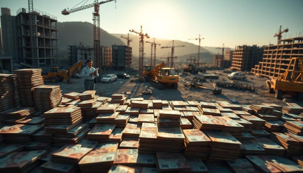 A detailed, visually striking image depicting a vast table covered in stacks of colorful pesos, symbolizing public resources, with an empty construction site in the background, showcasing abandoned machinery and half-finished projects. In the foreground, a worried business person in professional attire studies documents, illustrating the disconnect between funds and services. The lighting is dramatic, with shadows cast by the late afternoon sun highlighting both the stacks of money and the desolate site, evoking a sense of urgency and concern. The composition should utilize a low-angle shot to emphasize the piles of money, while the empty site looms larger behind, creating a stark contrast between wealth and neglect, suggesting the consequences of mismanaged resources.