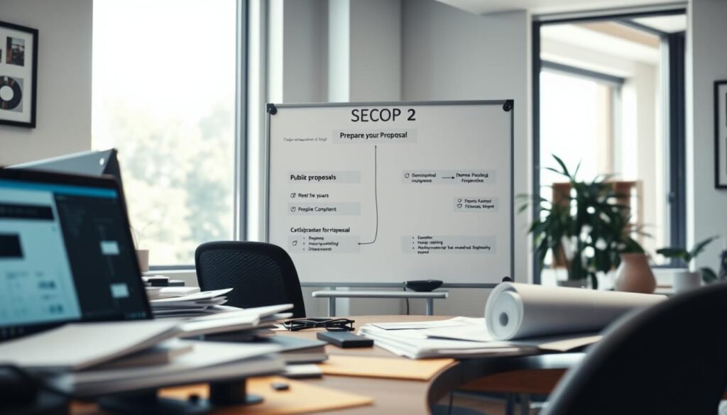 A detailed workspace scene depicting the requirements for participating in SECOP 2. In the foreground, a professional-looking desk cluttered with documents, blueprints, and a laptop displaying a digital interface related to public proposals. In the middle, an organized flow chart is visible on a whiteboard, illustrating the steps to prepare a proposal, with checkmarks for each requirement. The background features a large window with natural light streaming in, illuminating the room and creating a bright and inviting atmosphere. The mood is focused and productive, capturing the essence of serious preparation. The workspace should feel modern and well-equipped, emphasizing professionalism, with no visible text or distractions.