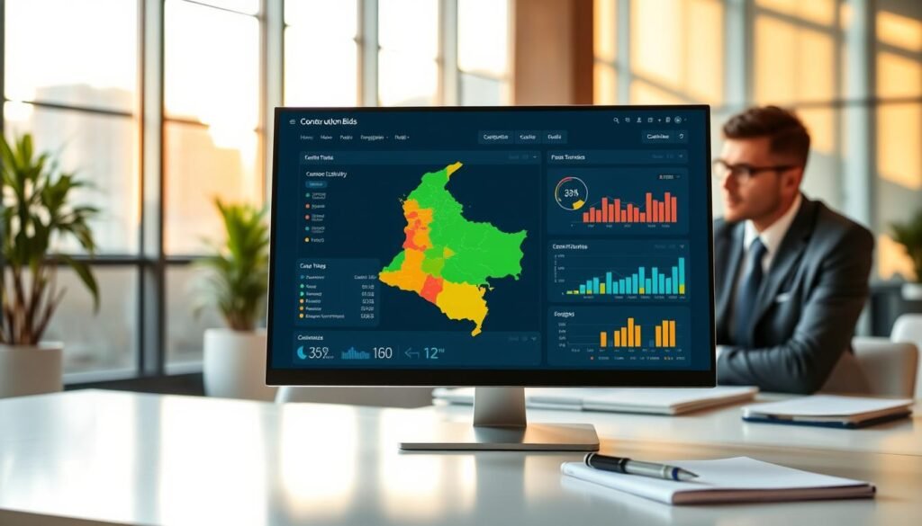 A digital platform interface displaying a sleek, modern dashboard for monitoring construction bids in Colombia. In the foreground, a computer screen shows a vibrant map of Colombia with highlighted regions indicating various tenders, alongside charts and graphs indicating bid activity. In the middle ground, a professional individual in business attire analyzes data, with focused expressions, signifying diligence. The background features a contemporary office setting with large windows letting in warm, soft natural light, casting gentle shadows. The atmosphere is one of professionalism and efficiency, complemented by a clean, organized workspace. Include elements like a notepad and pen, conveying an active approach to managing bids. Aim for a realistic style with a slight focus depth, echoing a motivated, business-oriented mood. A digital platform interface displaying a sleek, modern dashboard for monitoring construction bids in Colombia. In the foreground, a computer screen shows a vibrant map of Colombia with highlighted regions indicating various tenders, alongside charts and graphs indicating bid activity. In the middle ground, a professional individual in business attire analyzes data, with focused expressions, signifying diligence. The background features a contemporary office setting with large windows letting in warm, soft natural light, casting gentle shadows. The atmosphere is one of professionalism and efficiency, complemented by a clean, organized workspace. Include elements like a notepad and pen, conveying an active approach to managing bids. Aim for a realistic style with a slight focus depth, echoing a motivated, business-oriented mood.