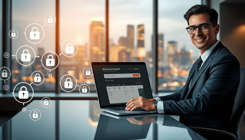 A digital scene illustrating web security for online shopping. In the foreground, feature a confident professional in business attire, sitting at a sleek desk with a laptop open, displaying a secure checkout page with padlock symbols. The middle ground should depict various security icons like shields and checkmarks, symbolizing trust and safety. In the background, a glowing city skyline can be seen through a large window, representing connectivity and modernity. Soft, ambient lighting gives a warm and inviting atmosphere, while the scene is captured from a slightly low angle, emphasizing the importance of security in online transactions. The overall mood is reassuring and professional, highlighting confidence in digital security.