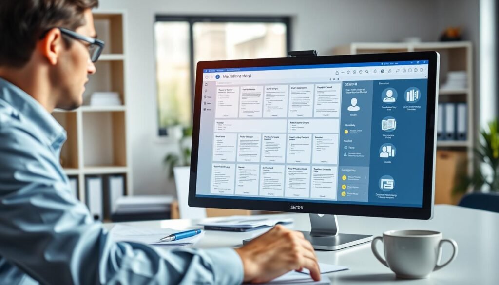 A digital workspace illustrating the SECOP II platform for document management. In the foreground, a computer screen displays the SECOP II interface filled with official forms and templates, highlighted by glowing icons. A professional user, dressed in business attire, is focused on the screen, engaging with the platform. In the middle ground, a clean and organized workspace with papers, a pen, and a cup of coffee suggests productivity and efficiency. The background features soft-focus office elements like shelves with binders and natural daylight streaming through a window, creating a bright and inspiring atmosphere. Utilize bright lighting to enhance clarity and detail on the screen, with a slightly angled perspective to capture both the user and the interface effectively.