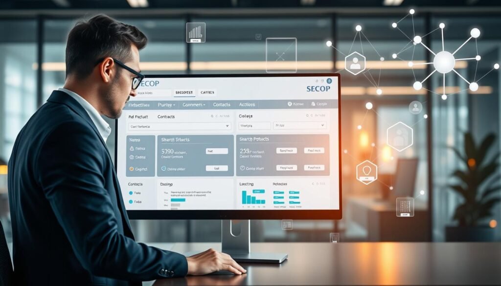 A digital workspace showcasing a modern computer screen displaying an intuitive interface of the SECOP platform with various filtering criteria for processes and contracts. In the foreground, a focused business professional in smart attire is interacting with the screen, analyzing data. Surrounding the professional are floating visual elements like charts and graphs that represent effective search results and filtered data. The middle layer features a sleek office environment, with soft lighting creating a warm and engaging atmosphere. The background includes abstract representations of digital data and connectivity, conveying a sense of efficiency and organization. The overall mood is one of calm productivity and clarity, highlighting the process of efficiently navigating the SECOP platform.