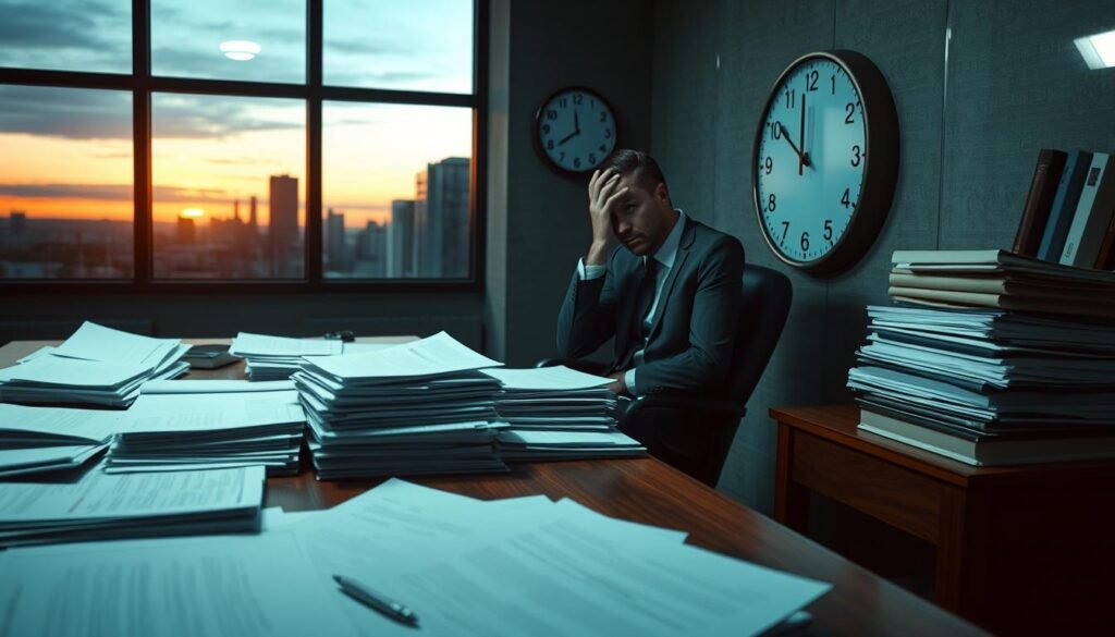 A dimly lit office environment, with a large wooden desk in the foreground covered in stacks of paperwork and contract files. In the middle, a worried businessperson in professional attire studies a clock on the wall, anxiously glancing at the passing time, symbolizing the urgency of the situation. Background features a large window showing a cityscape at dusk, with a hint of a setting sun casting warm light across the scene, creating a somber mood. Shadows and highlights add depth, emphasizing the tension and weight of unaddressed issues. The overall atmosphere is one of urgency and concern, evoking the feeling of a critical moment before a deadline.