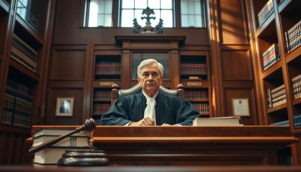 A distinguished judge seated at a richly decorated wooden desk in a modern courtroom. The foreground features the judge's focused expression, dressed in a formal black robe, with a gavel resting beside a stack of legal books. The middle ground showcases the courtroom's elegant wooden paneling and the impressive bench, while the background reveals shelves filled with legal texts and awards. The scene is illuminated by soft, warm lighting, creating a serious yet inspiring atmosphere. A large window allows natural light to filter in, casting gentle shadows across the room. The angle is slightly tilted upward, emphasizing the judge's authority and the importance of their role in the dynamic distribution of the burden of proof within the legal framework.