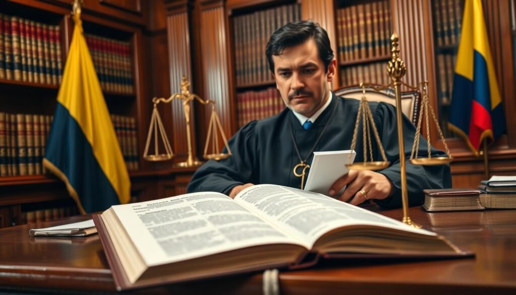 A distinguished judge sitting at a wooden gavel desk, dressed in a formal black robe, confidently reviewing legal documents. In the foreground, an open law book features pages filled with fine text, symbolizing jurisprudence and doctrine. The middle ground displays elegant scales of justice, representing equity and the balance of legal principles, alongside a decorative Colombian flag gently draped in the corner. The background is a richly detailed courtroom setting, with tall bookshelves filled with legal tomes and warm wooden accents. Soft, ambient lighting casts a professional and serious mood, highlighting the judge’s contemplative expression as they engage deeply with the law. Use a slightly angled perspective to convey depth and importance within the scene. A distinguished judge sitting at a wooden gavel desk, dressed in a formal black robe, confidently reviewing legal documents. In the foreground, an open law book features pages filled with fine text, symbolizing jurisprudence and doctrine. The middle ground displays elegant scales of justice, representing equity and the balance of legal principles, alongside a decorative Colombian flag gently draped in the corner. The background is a richly detailed courtroom setting, with tall bookshelves filled with legal tomes and warm wooden accents. Soft, ambient lighting casts a professional and serious mood, highlighting the judge’s contemplative expression as they engage deeply with the law. Use a slightly angled perspective to convey depth and importance within the scene.