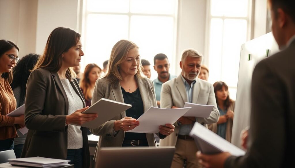 A diverse group of engaged citizens, representing various ages and ethnic backgrounds, gathered in a collaborative workspace filled with documents and laptops. In the foreground, a woman in professional attire is discussing a proposal with a notepad, while a middle-aged man, also in business attire, adds notes on a whiteboard. In the background, a large window allows natural light to pour in, illuminating the room. The atmosphere is focused and dynamic, symbolizing teamwork and civic engagement. Soft shadows and warm light enhance the inviting feel of the space, suggesting a productive environment. The composition captures the essence of public involvement in government processes without any text or distractions.