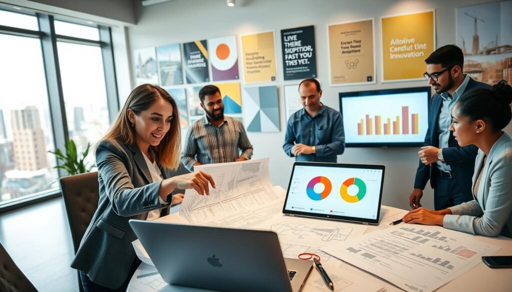 A diverse group of professional engineers and architects gathered around a large table covered with blueprints, graphs, and a laptop displaying a digital proposal. In the foreground, a confident female architect points at a detailed map with a focused expression, wearing smart business attire. In the middle ground, a male civil engineer discusses budget plans, gesturing towards a vibrant pie chart displayed on the screen. The background features a wall filled with colorful construction project photos and motivational posters about innovation. Soft, warm lighting creates a collaborative atmosphere, while a modern office setting with large windows provides a bright and optimistic view of the city outside, symbolizing progress and opportunity.