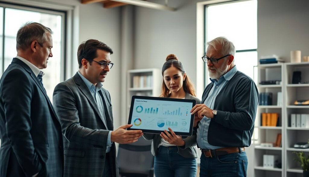 A diverse group of professional individuals discussing technology solutions in a modern office environment. In the foreground, a middle-aged male state official in a suit, a young female contractor in business casual attire, and a senior male technician in smart casual clothing are engaged in a collaborative discussion over a digital tablet displaying graphs and charts. The middle ground features a large window filled with soft, natural light filtering through, illuminating the space. In the background, shelves with books and technology gadgets enhance the innovative atmosphere. The overall mood is productive and focused, reflecting a sense of purpose and teamwork in addressing state entities' needs for technological solutions. Use a realistic style with a shallow depth of field to highlight the key figures. A diverse group of professional individuals discussing technology solutions in a modern office environment. In the foreground, a middle-aged male state official in a suit, a young female contractor in business casual attire, and a senior male technician in smart casual clothing are engaged in a collaborative discussion over a digital tablet displaying graphs and charts. The middle ground features a large window filled with soft, natural light filtering through, illuminating the space. In the background, shelves with books and technology gadgets enhance the innovative atmosphere. The overall mood is productive and focused, reflecting a sense of purpose and teamwork in addressing state entities' needs for technological solutions. Use a realistic style with a shallow depth of field to highlight the key figures.