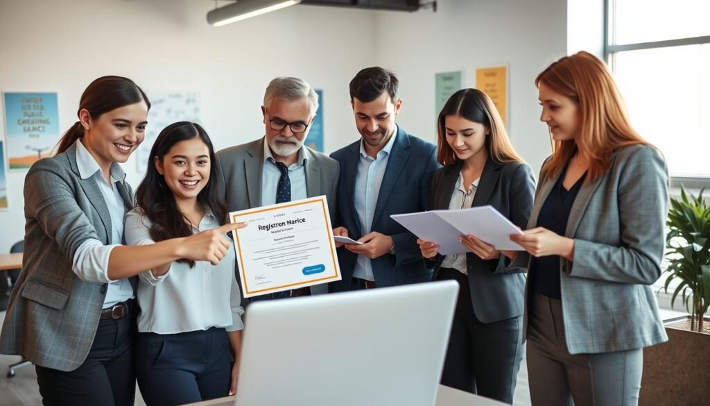 A diverse group of professional individuals, representing various personas, gathering in a modern office environment focused on the digital space. In the foreground, a young woman in smart casual attire is enthusiastically pointing at a laptop screen displaying the registration certificate from the Public Employment Service, while an older man in business attire nods, looking impressed. In the middle, a focused young man is taking notes, and a woman in professional attire is thoughtfully reviewing documents. The background features an inviting office space with large windows, soft natural light streaming in, and motivational posters on the walls. The atmosphere is collaborative and productive, conveying a sense of achievement and support in the job registration process. A diverse group of professional individuals, representing various personas, gathering in a modern office environment focused on the digital space. In the foreground, a young woman in smart casual attire is enthusiastically pointing at a laptop screen displaying the registration certificate from the Public Employment Service, while an older man in business attire nods, looking impressed. In the middle, a focused young man is taking notes, and a woman in professional attire is thoughtfully reviewing documents. The background features an inviting office space with large windows, soft natural light streaming in, and motivational posters on the walls. The atmosphere is collaborative and productive, conveying a sense of achievement and support in the job registration process.