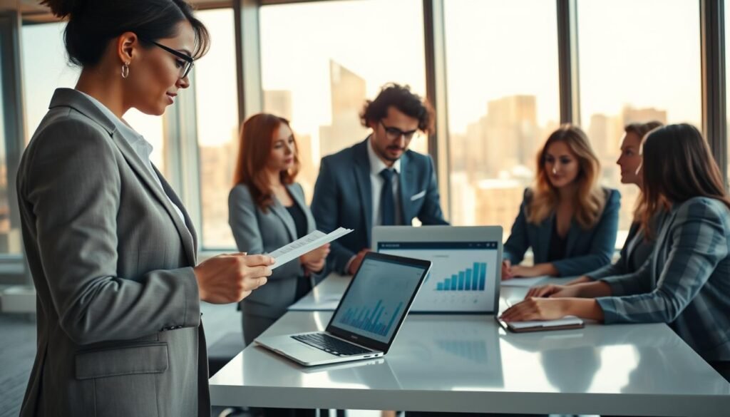A diverse group of professional oferentes gathered in a modern office setting, engaged in a discussion about business opportunities. In the foreground, a focused woman in professional attire points at a document, while a suited man listens attentively. In the middle ground, a couple of other professionals sit at a sleek conference table, analyzing graphs and charts displayed on a laptop. The background features large windows displaying a city skyline bathed in warm afternoon light, creating a bright and inviting atmosphere. Use a wide-angle lens to capture the spaciousness of the room and emphasize collaboration. The overall mood is one of teamwork, professionalism, and determination, illustrating the various types of oferentes and their requisites in a business context.