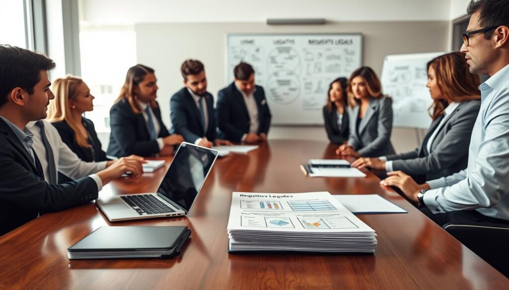 A diverse group of professionals, all dressed in smart business attire, gathered around a polished wooden conference table, deeply engaged in discussion. In the foreground, a stack of documents labeled "Requisitos Legales" is prominently displayed, alongside a laptop showing graphs and checklists. The professionals, consisting of men and women of various ethnicities, are pointing and gesturing towards the documents, reflecting a collaborative atmosphere. The middle ground features a large whiteboard covered in notes and diagrams about legal requirements and qualifications. The background is softly blurred, showing a modern office environment with natural light streaming in through large windows, creating a bright and optimistic mood. The camera angle is slightly above eye level, offering a clear view of the interaction and the important paperwork on the table. A diverse group of professionals, all dressed in smart business attire, gathered around a polished wooden conference table, deeply engaged in discussion. In the foreground, a stack of documents labeled "Requisitos Legales" is prominently displayed, alongside a laptop showing graphs and checklists. The professionals, consisting of men and women of various ethnicities, are pointing and gesturing towards the documents, reflecting a collaborative atmosphere. The middle ground features a large whiteboard covered in notes and diagrams about legal requirements and qualifications. The background is softly blurred, showing a modern office environment with natural light streaming in through large windows, creating a bright and optimistic mood. The camera angle is slightly above eye level, offering a clear view of the interaction and the important paperwork on the table.