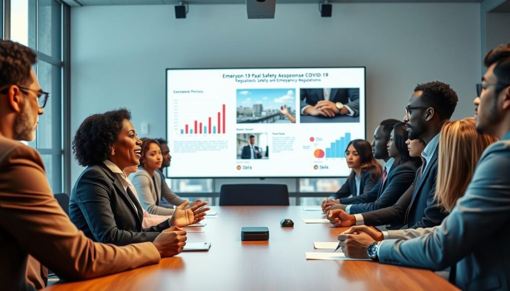 A diverse group of professionals engaged in a collaborative emergency response meeting, set in a modern conference room. In the foreground, a middle-aged Black woman, dressed in business attire, is passionately presenting data on a screen. Around her, a diverse team of men and women in smart casual or business-like clothing, intently listening and taking notes. In the middle ground, a large wall-mounted screen displays graphs and images representing the impact of the COVID-19 pandemic on urban safety and coexistence. The background features large windows with a view of a cityscape, bathed in warm, natural light suggesting a sense of hope and unity. The overall mood is serious yet collaborative and determined, representing the collective effort to adapt to emergency regulations and enhance community safety. A diverse group of professionals engaged in a collaborative emergency response meeting, set in a modern conference room. In the foreground, a middle-aged Black woman, dressed in business attire, is passionately presenting data on a screen. Around her, a diverse team of men and women in smart casual or business-like clothing, intently listening and taking notes. In the middle ground, a large wall-mounted screen displays graphs and images representing the impact of the COVID-19 pandemic on urban safety and coexistence. The background features large windows with a view of a cityscape, bathed in warm, natural light suggesting a sense of hope and unity. The overall mood is serious yet collaborative and determined, representing the collective effort to adapt to emergency regulations and enhance community safety.