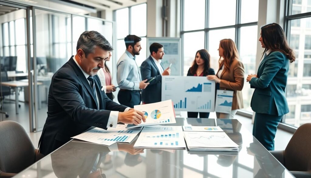 A diverse group of professionals engaged in a dynamic discussion, symbolizing a "proponente plural" working in consortia and temporary unions. In the foreground, two serious-looking individuals in smart business attire are examining documents and charts on a sleek table, illustrating costs and figures. The middle ground features a large digital display showing complex graphs and collaboration tools, while colleagues gather around, exchanging ideas. In the background, a modern office space with large windows lets in soft natural light, creating an open and collaborative atmosphere. The overall mood is focused yet energetic, reflecting teamwork and strategic planning in a professional setting. The image is captured from a slightly elevated angle to provide depth and clarity, enhancing the sense of engagement and coordination. A diverse group of professionals engaged in a dynamic discussion, symbolizing a "proponente plural" working in consortia and temporary unions. In the foreground, two serious-looking individuals in smart business attire are examining documents and charts on a sleek table, illustrating costs and figures. The middle ground features a large digital display showing complex graphs and collaboration tools, while colleagues gather around, exchanging ideas. In the background, a modern office space with large windows lets in soft natural light, creating an open and collaborative atmosphere. The overall mood is focused yet energetic, reflecting teamwork and strategic planning in a professional setting. The image is captured from a slightly elevated angle to provide depth and clarity, enhancing the sense of engagement and coordination.