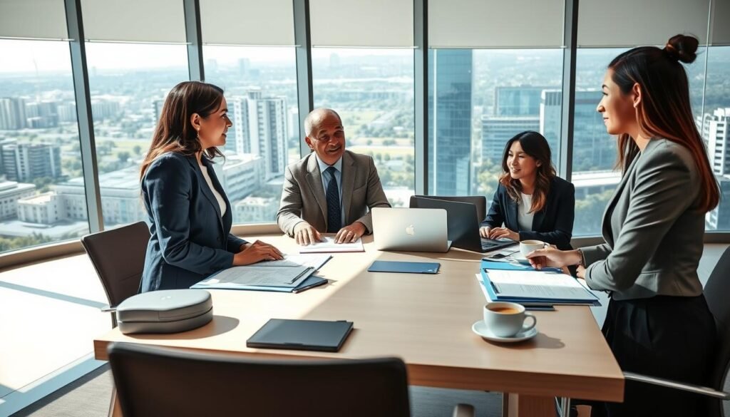 A diverse group of professionals engaged in a formal meeting, representing various Colombian national and territorial entities. The foreground features three individuals: a Colombian woman in a business suit, a middle-aged Colombian man in a smart casual outfit, and a younger Colombian woman in professional attire, all engaged in discussion. In the middle ground, a large table filled with documents, laptops, and cups of coffee creates a collaborative atmosphere. The background shows a large window revealing a panoramic view of a Colombian cityscape, with modern office buildings and green spaces. The scene is brightly lit with natural sunlight filtering through the window, creating an optimistic and focused mood. The image captures the essence of teamwork and professionalism in a governmental context. A diverse group of professionals engaged in a formal meeting, representing various Colombian national and territorial entities. The foreground features three individuals: a Colombian woman in a business suit, a middle-aged Colombian man in a smart casual outfit, and a younger Colombian woman in professional attire, all engaged in discussion. In the middle ground, a large table filled with documents, laptops, and cups of coffee creates a collaborative atmosphere. The background shows a large window revealing a panoramic view of a Colombian cityscape, with modern office buildings and green spaces. The scene is brightly lit with natural sunlight filtering through the window, creating an optimistic and focused mood. The image captures the essence of teamwork and professionalism in a governmental context.