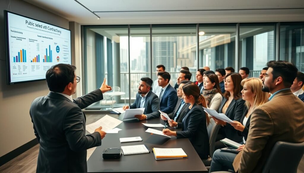 A diverse group of professionals engaged in a public procurement meeting in a modern conference room, showcasing different selection modalities in Colombia. In the foreground, a focused male presenter in a tailored suit points to a digital screen displaying charts and diagrams related to public contracting. In the middle, a diverse audience of men and women in professional attire take notes and discuss, some holding papers that represent various bidding strategies. The background features a large window with city views, natural light streaming in, creating a bright and uplifting atmosphere. The setting conveys seriousness and collaboration, emphasizing the importance of public procurement processes, encouraging a feeling of engagement and professionalism through warm, inviting lighting and an organized layout.