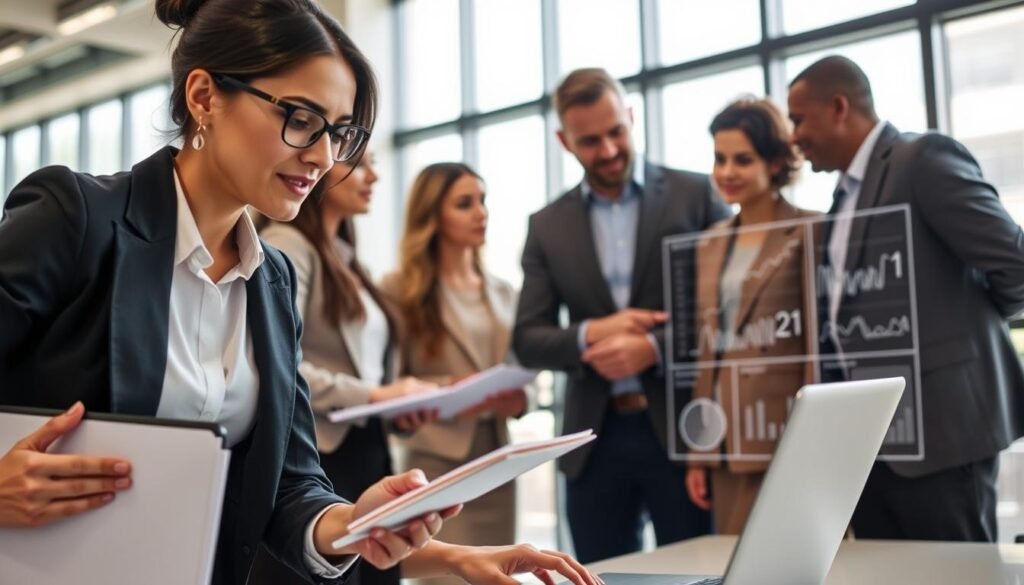 A diverse group of professionals engaging in a collaborative environment focused on project management and procurement. In the foreground, a confident woman in smart business attire leans over a laptop, analyzing data with a notebook beside her. In the middle ground, a diverse team of individuals, including a man and a woman, discuss strategies while pointing at a digital display showing graphs and charts. The background features a modern office with large windows, allowing natural light to flood the space, creating a bright and inviting atmosphere. The overall mood is one of teamwork and innovation, emphasizing the importance of training and experience in navigating procurement processes.