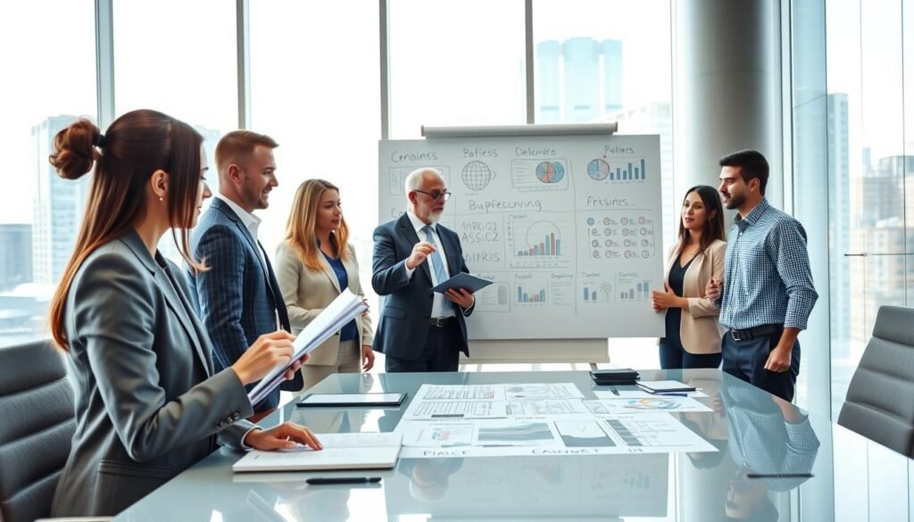 A diverse group of professionals gathered around a large conference table in a bright, modern office setting, engaged in a strategic planning session. The foreground features a young woman in a smart business suit, taking notes on a laptop, while a middle-aged man gestures as he presents a document. In the middle, a large whiteboard is filled with charts and diagrams illustrating key business strategies. The background shows cityscape views through floor-to-ceiling windows, with natural light flooding the room, creating an atmosphere of collaboration and focus. The overall mood is energetic and professional, emphasizing preparation and teamwork for business opportunities.