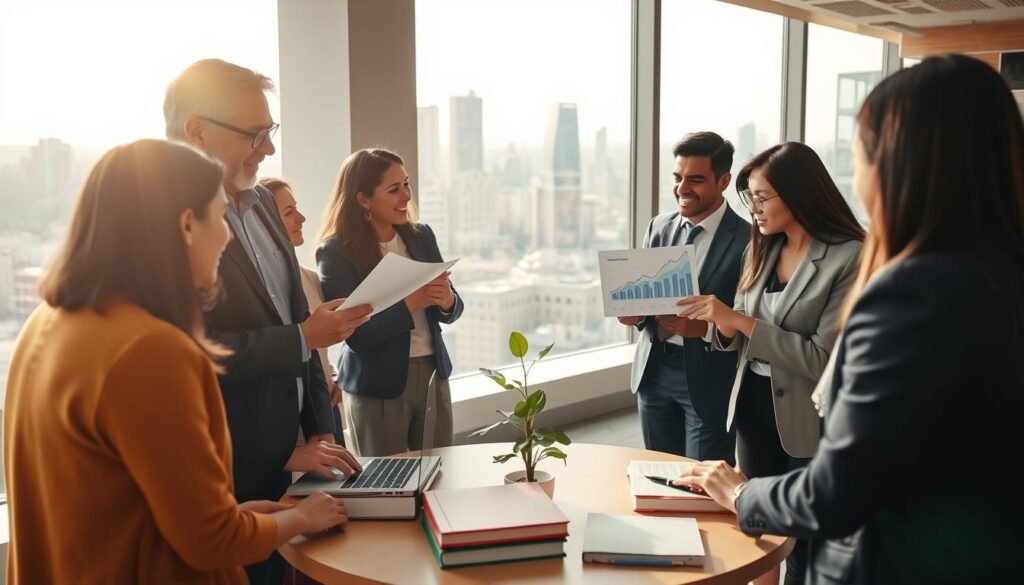 A diverse group of professionals gathered in a contemporary office space, engaged in a lively discussion about economics and law in Colombia. In the foreground, two individuals are sharing documents, one a middle-aged man in a smart suit, and the other a young woman in professional attire, pointing at a chart on a laptop screen. The middle space features a round table with legal and economic textbooks and a small plant, symbolizing growth and collaboration. In the background, large windows showcase a city skyline, bright sunlight streaming in, creating a warm, inviting atmosphere. The scene conveys a mood of professionalism, teamwork, and intellectual engagement, highlighting the significance of "oferentes" in economic and legal contexts. The image should be well-composed, with a slightly elevated camera angle to capture the dynamics of the discussion.