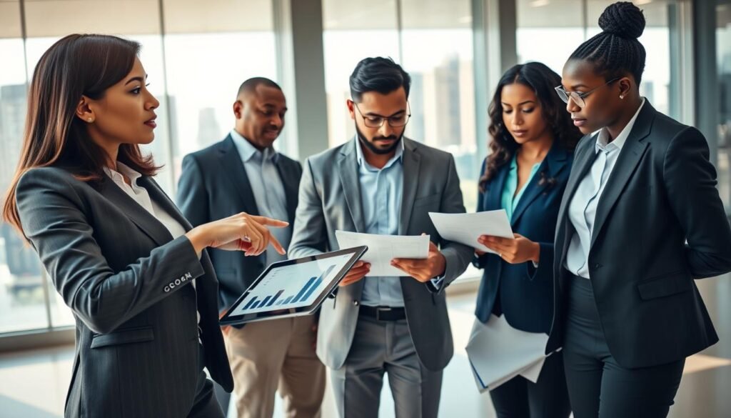 A diverse group of professionals in a modern business environment, representing various companies engaged in discussions about financial growth and regulations. In the foreground, a confident Hispanic woman in a tailored suit points at a digital tablet displaying graphs. In the middle, a South Asian man in smart casual attire analyzes documents while a Black woman in formal wear listens intently. The background features a bright, spacious office with glass walls showcasing a city skyline. Soft, natural lighting casts a warm glow, enhancing a collaborative and innovative atmosphere. The perspective is wide-angle, capturing the dynamic interactions among the individuals, conveying a sense of professionalism and teamwork in the context of business laws and regulations. A diverse group of professionals in a modern business environment, representing various companies engaged in discussions about financial growth and regulations. In the foreground, a confident Hispanic woman in a tailored suit points at a digital tablet displaying graphs. In the middle, a South Asian man in smart casual attire analyzes documents while a Black woman in formal wear listens intently. The background features a bright, spacious office with glass walls showcasing a city skyline. Soft, natural lighting casts a warm glow, enhancing a collaborative and innovative atmosphere. The perspective is wide-angle, capturing the dynamic interactions among the individuals, conveying a sense of professionalism and teamwork in the context of business laws and regulations.
