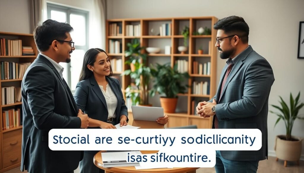 A diverse group of three professionals engaging in a discussion about social security obligations in Colombia, representing an employee, an independent worker, and a contractor. The foreground includes the three individuals, dressed in smart casual business attire, standing around a small table with documents and a laptop. The middle of the scene shows a cozy office environment with shelves filled with books and a potted plant. In the background, soft natural light streams through a window, creating a warm and inviting atmosphere. The angle should be slightly tilted to emphasize interaction and convey a sense of collaboration and understanding. The mood is professional yet friendly, highlighting the importance of social security in their respective roles. A diverse group of three professionals engaging in a discussion about social security obligations in Colombia, representing an employee, an independent worker, and a contractor. The foreground includes the three individuals, dressed in smart casual business attire, standing around a small table with documents and a laptop. The middle of the scene shows a cozy office environment with shelves filled with books and a potted plant. In the background, soft natural light streams through a window, creating a warm and inviting atmosphere. The angle should be slightly tilted to emphasize interaction and convey a sense of collaboration and understanding. The mood is professional yet friendly, highlighting the importance of social security in their respective roles.