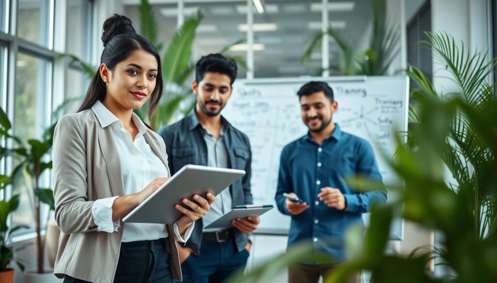 A diverse group of young professionals collaborating in a bright, modern office space that emphasizes transferable skills. In the foreground, a woman of Colombian descent is presenting ideas on a digital tablet, wearing smart casual attire. Beside her, a man from a different background is taking notes on a clipboard. In the middle ground, a whiteboard features diagrams and bullet points about skills, training, and project ideas, symbolizing growth and development. The background is filled with plants and large windows that allow natural light to flood the room, creating an inspiring and optimistic atmosphere. The image captures the essence of professional development and teamwork, emphasizing the importance of building a strong profile. Soft focus on the background adds depth. A diverse group of young professionals collaborating in a bright, modern office space that emphasizes transferable skills. In the foreground, a woman of Colombian descent is presenting ideas on a digital tablet, wearing smart casual attire. Beside her, a man from a different background is taking notes on a clipboard. In the middle ground, a whiteboard features diagrams and bullet points about skills, training, and project ideas, symbolizing growth and development. The background is filled with plants and large windows that allow natural light to flood the room, creating an inspiring and optimistic atmosphere. The image captures the essence of professional development and teamwork, emphasizing the importance of building a strong profile. Soft focus on the background adds depth.