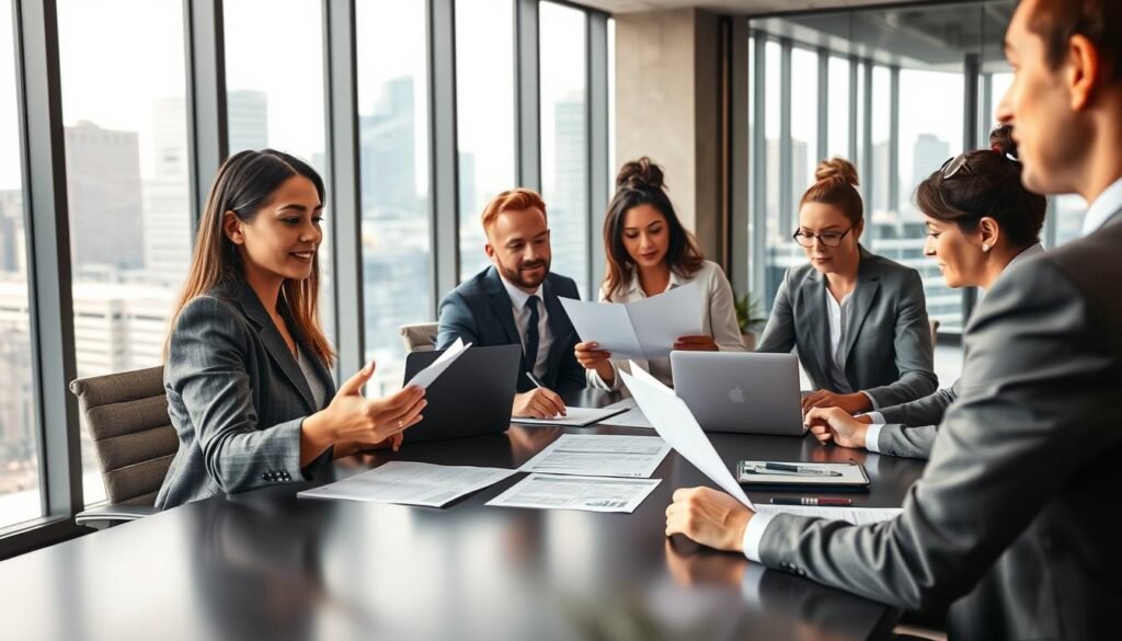 A diverse team of professional consultants in business attire, gathered around a sleek conference table, engaged in a strategy session on governmental contracting. The foreground shows a close-up of a woman presenting documents, emphasizing collaboration and expertise. The middle features a mix of professionals, including a well-dressed man and a woman, discussing and analyzing project proposals, with laptops and papers spread out on the table. In the background, large windows let in natural light, revealing a modern office skyline view, enhancing the professional atmosphere. Soft, warm lighting creates a welcoming yet focused environment, capturing the essence of teamwork and legal backing required in public contracting.