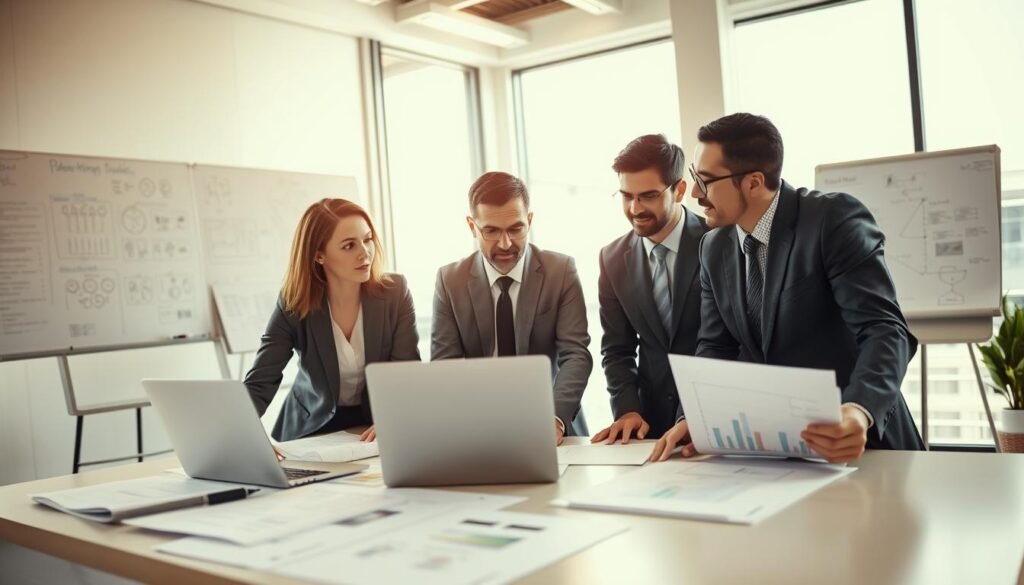 A diverse team of professional experts engaged in a technical proposal preparation session. In the foreground, three individuals in business attire, one woman and two men, are gathered around a large table filled with blueprints, documents, and a laptop showcasing graphs. The middle ground displays whiteboards filled with diagrams and notes. The background features a modern office environment with large windows allowing natural light to stream in, creating a bright atmosphere. Soft, warm lighting adds a sense of collaboration and focus. The angle captures the team from a slightly elevated perspective, emphasizing their teamwork and concentration. The mood is productive and dynamic, reflecting a professional atmosphere of strategic planning and collaboration. A diverse team of professional experts engaged in a technical proposal preparation session. In the foreground, three individuals in business attire, one woman and two men, are gathered around a large table filled with blueprints, documents, and a laptop showcasing graphs. The middle ground displays whiteboards filled with diagrams and notes. The background features a modern office environment with large windows allowing natural light to stream in, creating a bright atmosphere. Soft, warm lighting adds a sense of collaboration and focus. The angle captures the team from a slightly elevated perspective, emphasizing their teamwork and concentration. The mood is productive and dynamic, reflecting a professional atmosphere of strategic planning and collaboration.